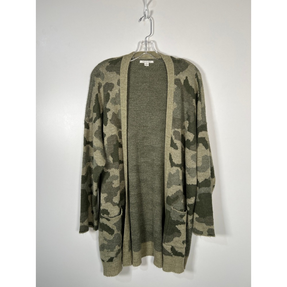 American Eagle Camo Print Open Front Cardigan Wool Blend Oversized Sweater Large